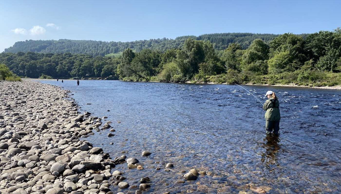 Here's a group of new fly fishers testing out their newly taught skills with a double handed salmon fly rod during the Summer. Many larger groups come to me for a crash course in salmon fishing and this was one such party that I guided for on the River Tay near Pitlochry.